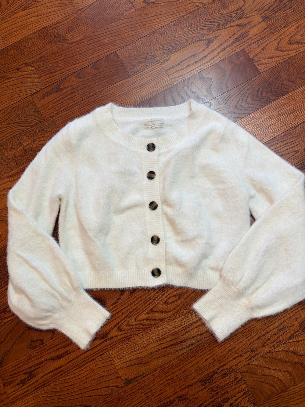 Urban Outfitters Cream Cropped Fuzzy Button-Front Cardigan